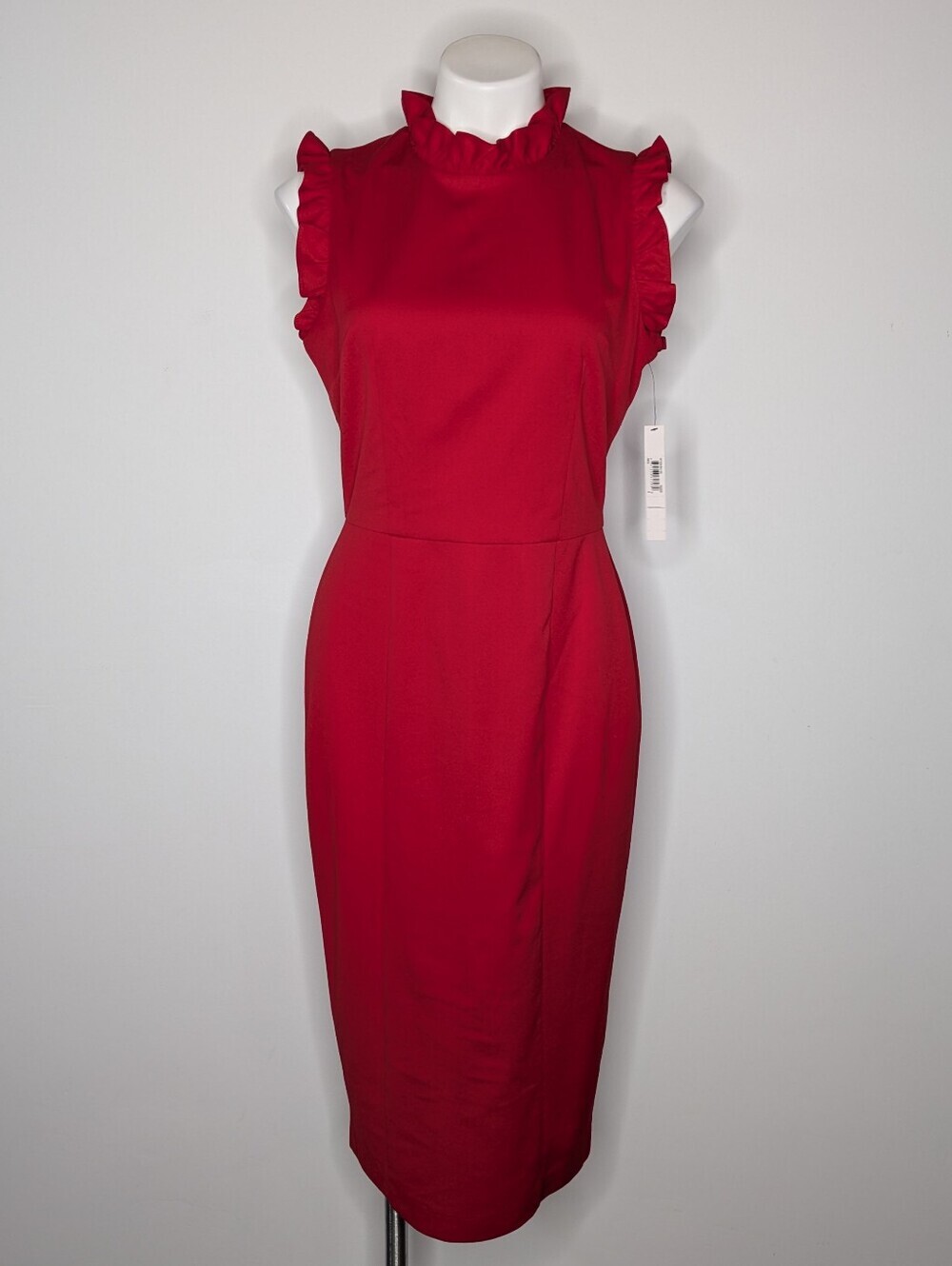 NWT Maggy London Red Ruffle Sleeveless Midi Pencil Dress 8